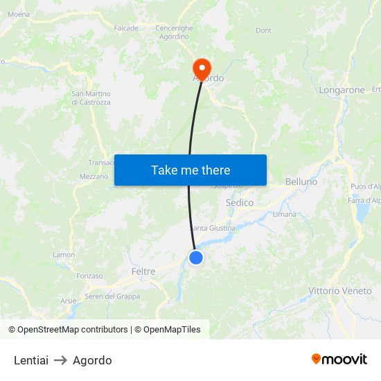 Lentiai to Agordo map