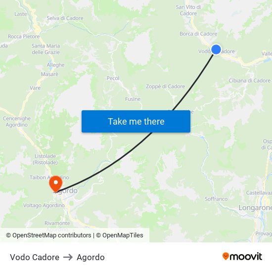 Vodo Cadore to Agordo map