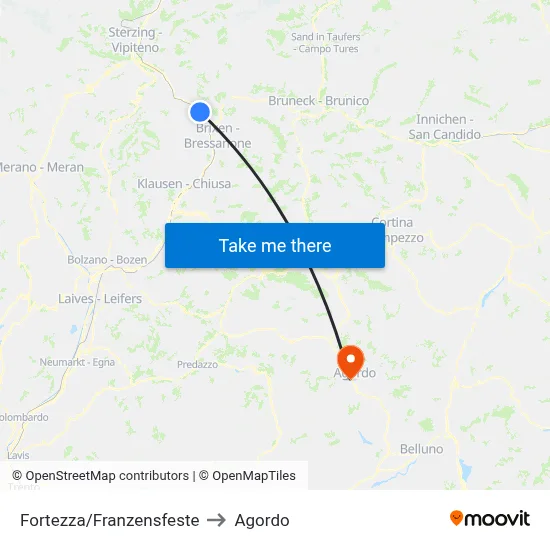 Fortezza to Agordo map
