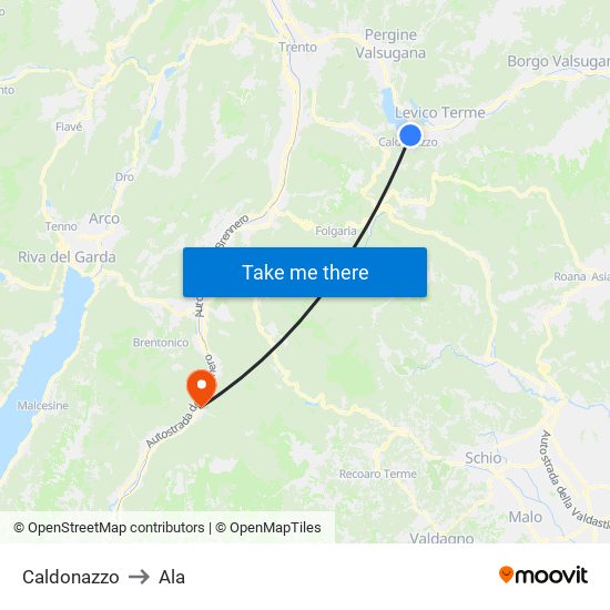 Caldonazzo to Ala map