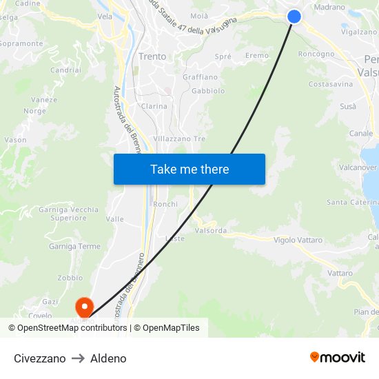 Civezzano to Aldeno map
