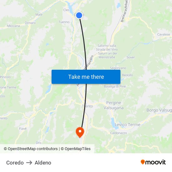 Coredo to Aldeno map