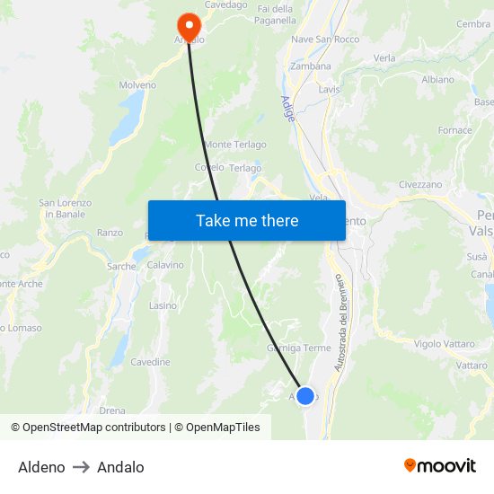 Aldeno to Andalo map