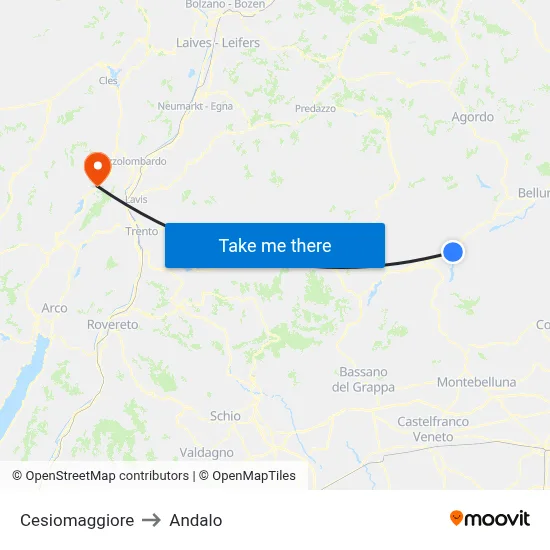 Cesiomaggiore to Andalo map