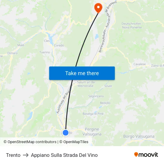 Trento to Appiano Sulla Strada Del Vino map