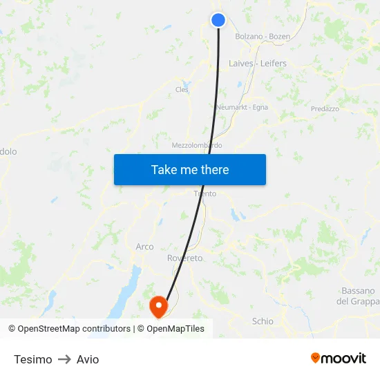 Tesimo to Avio map