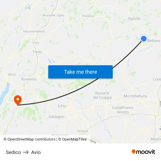 Sedico to Avio map
