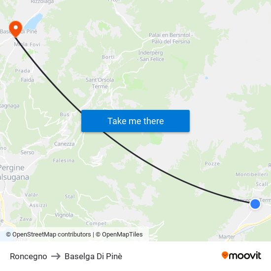 Roncegno to Baselga Di Pinè map