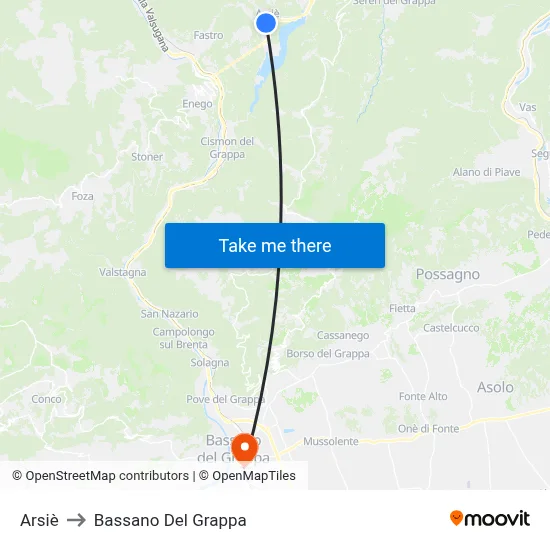 Arsiè to Bassano Del Grappa map