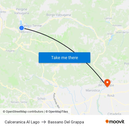 Calceranica Al Lago to Bassano Del Grappa map