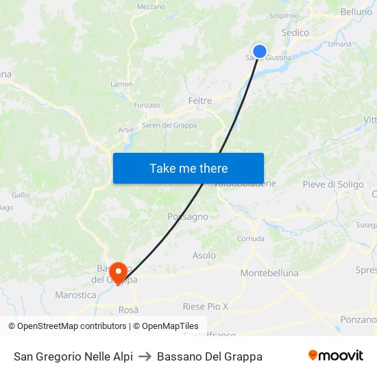 San Gregorio Nelle Alpi to Bassano Del Grappa map