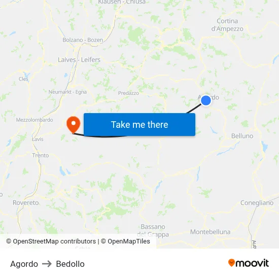 Agordo to Bedollo map