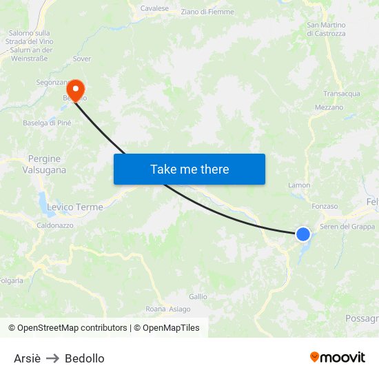 Arsiè to Bedollo map