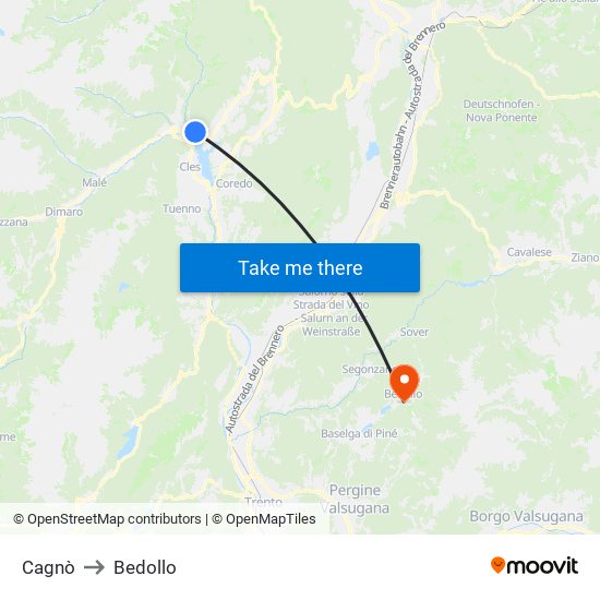 Cagnò to Bedollo map