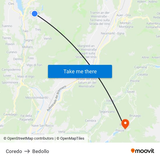 Coredo to Bedollo map