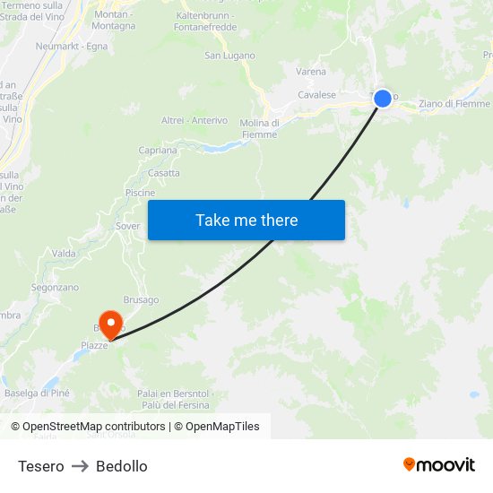 Tesero to Bedollo map