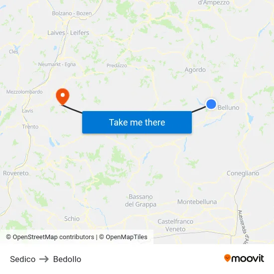 Sedico to Bedollo map