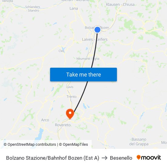 Bolzano Stazione/Bahnhof Bozen (Est A) to Besenello map