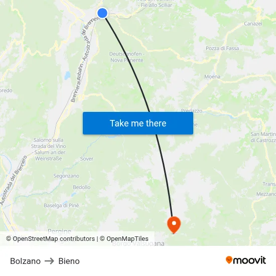 Bolzano to Bieno map