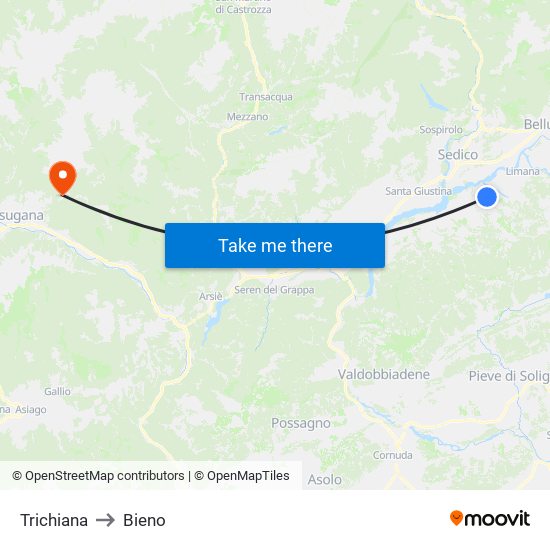 Trichiana to Bieno map