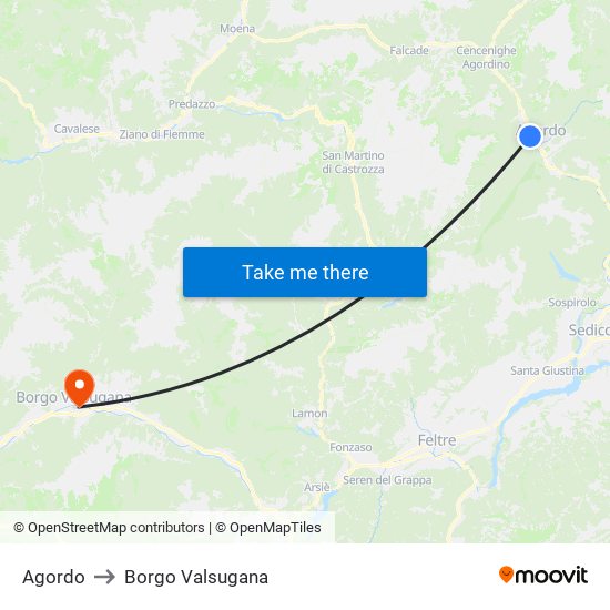 Agordo to Borgo Valsugana map