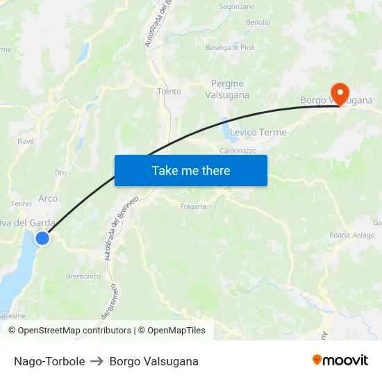Nago-Torbole to Borgo Valsugana map