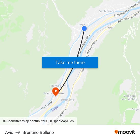 Avio to Brentino Belluno map