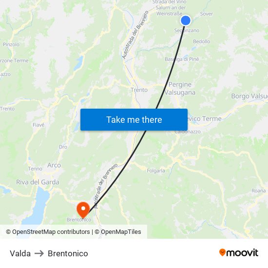 Valda to Brentonico map