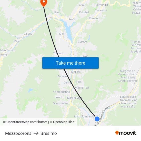 Mezzocorona to Bresimo map