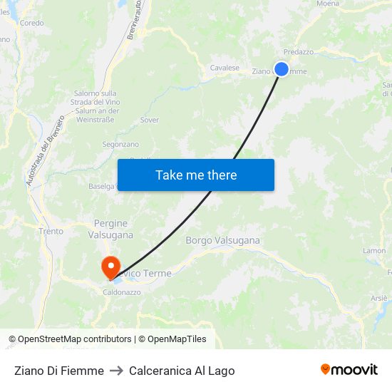 Ziano Di Fiemme to Calceranica Al Lago map