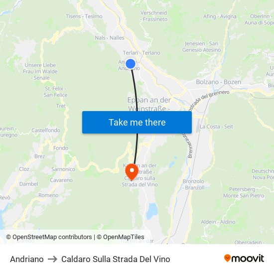 Andriano to Caldaro Sulla Strada Del Vino map