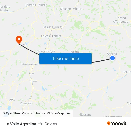 La Valle Agordina to Caldes map