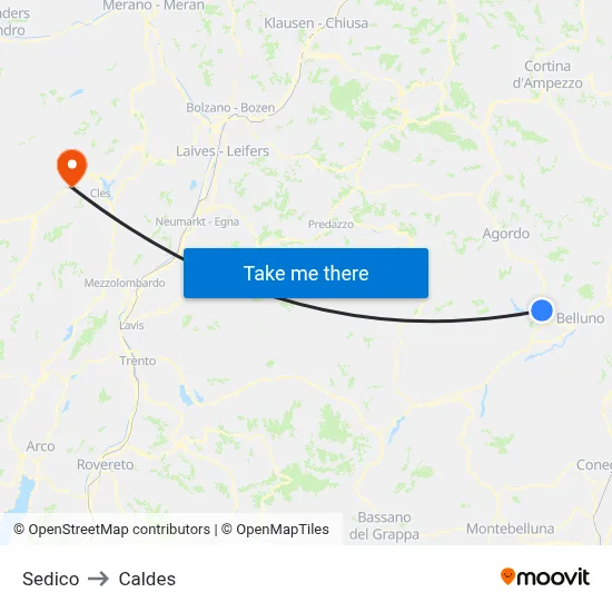 Sedico to Caldes map