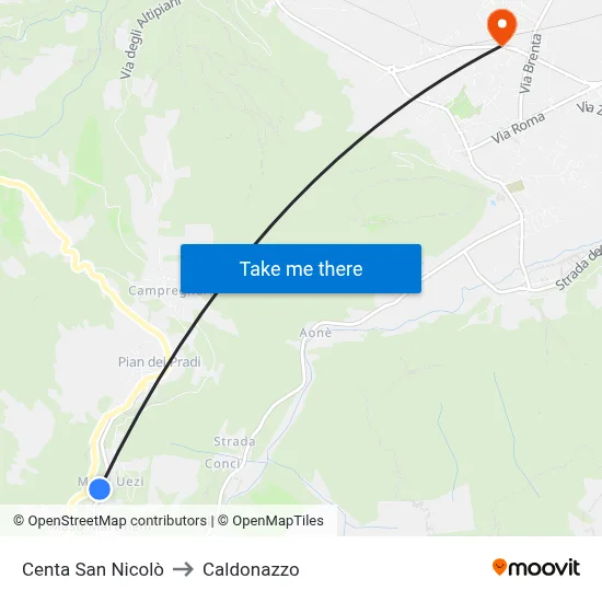 Centa San Nicolò to Caldonazzo map