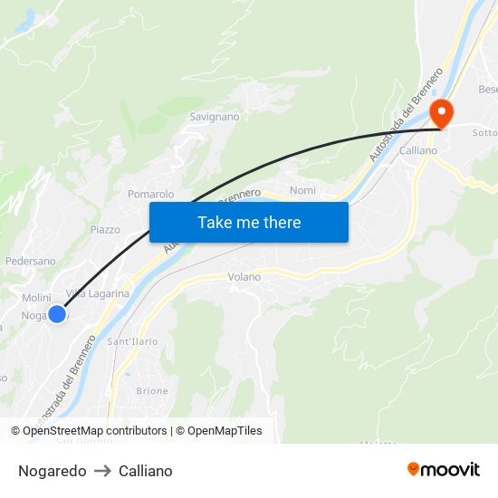 Nogaredo to Calliano map