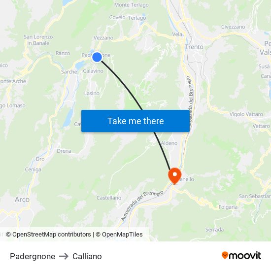 Padergnone to Calliano map