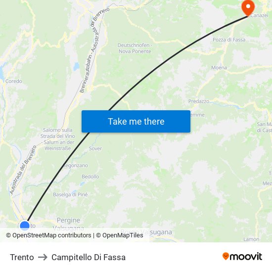 Trento to Campitello Di Fassa map