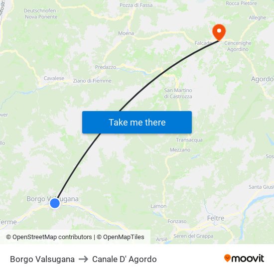 Borgo Valsugana to Canale D' Agordo map