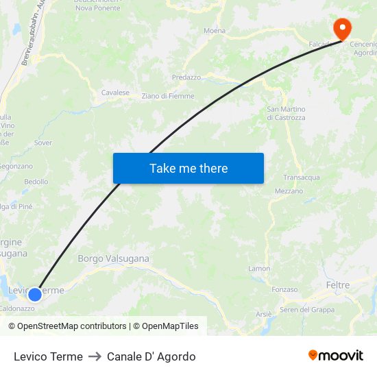 Levico Terme to Canale D' Agordo map