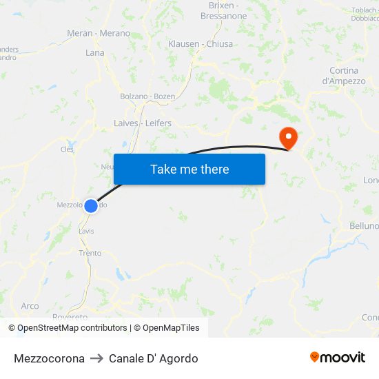 Mezzocorona to Canale D' Agordo map