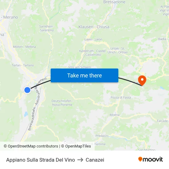 Appiano sulla Strada del Vino to Canazei map