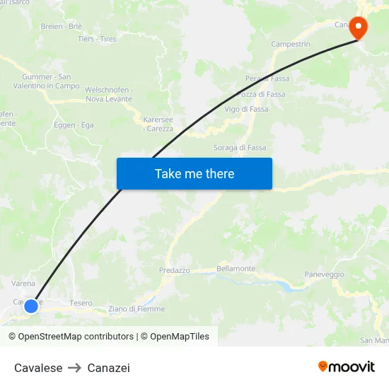 Cavalese to Canazei map