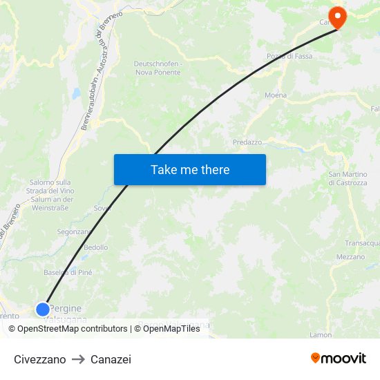 Civezzano to Canazei map