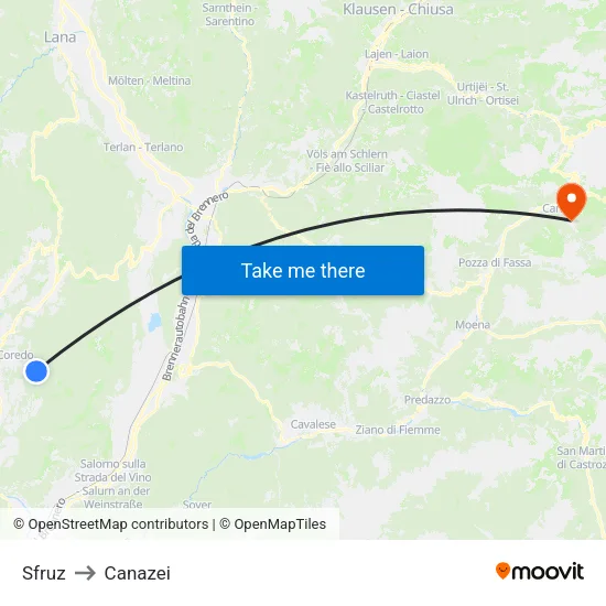 Sfruz to Canazei map