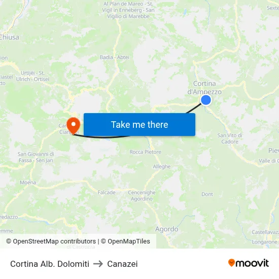 Cortina Dolomites to Canazei map