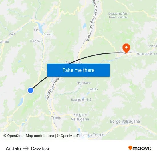 Andalo to Cavalese map