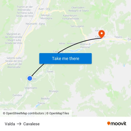 Valda to Cavalese map