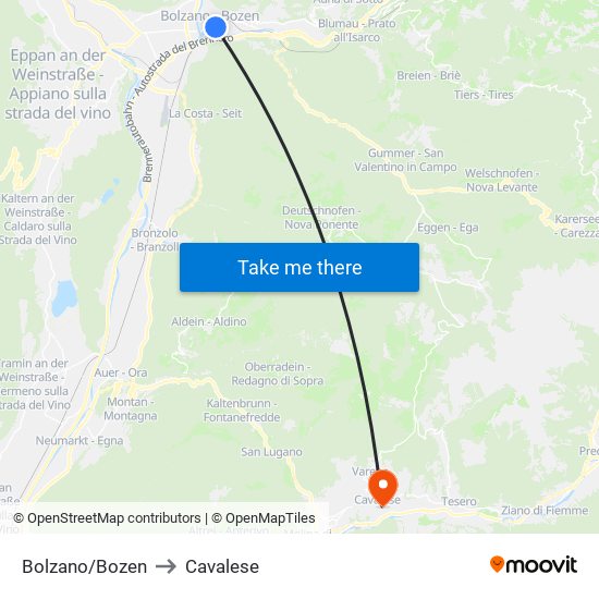 Bolzano/Bozen to Cavalese map