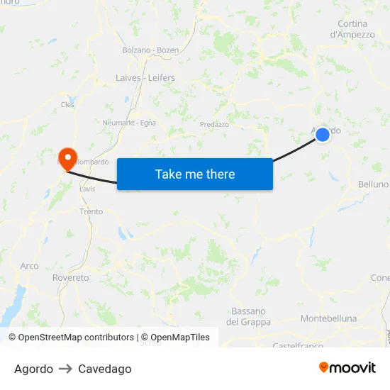 Agordo to Cavedago map