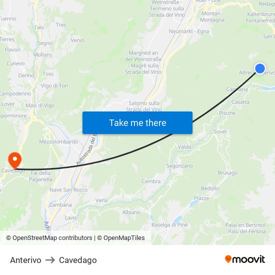 Anterivo to Cavedago map
